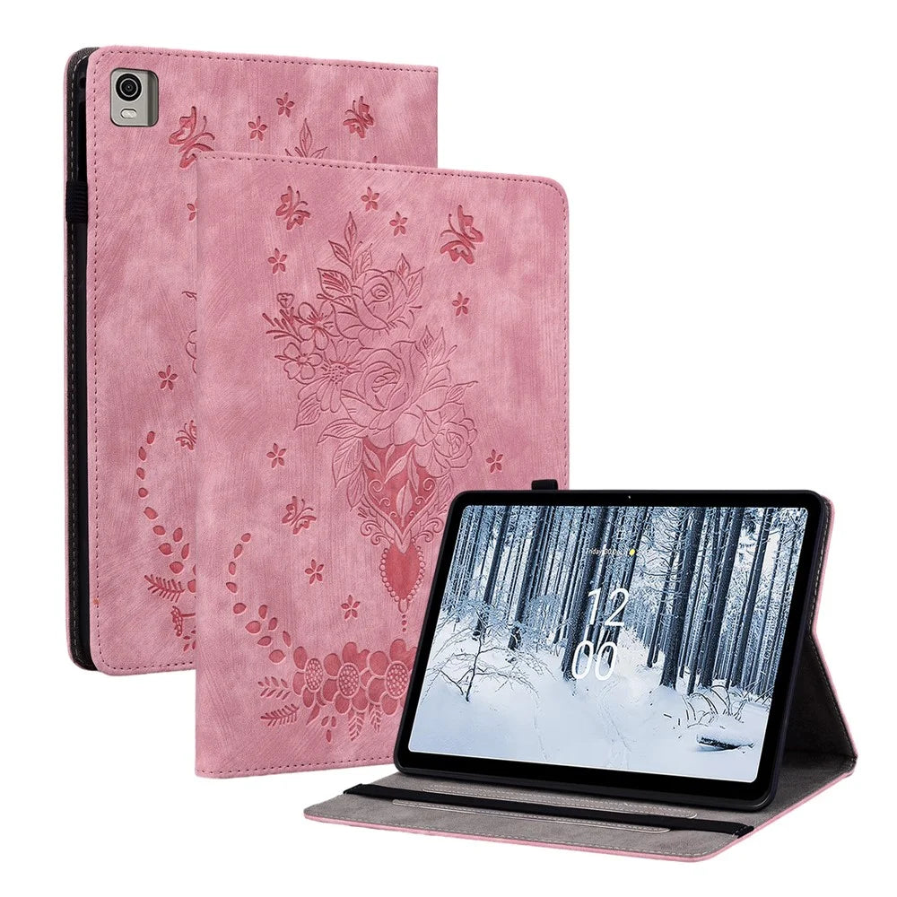 Stand Leather Tablet Cover for Nokia T21 , Card Slots Imprinted Tablet Case with Elastic Band Design - Pink - 1