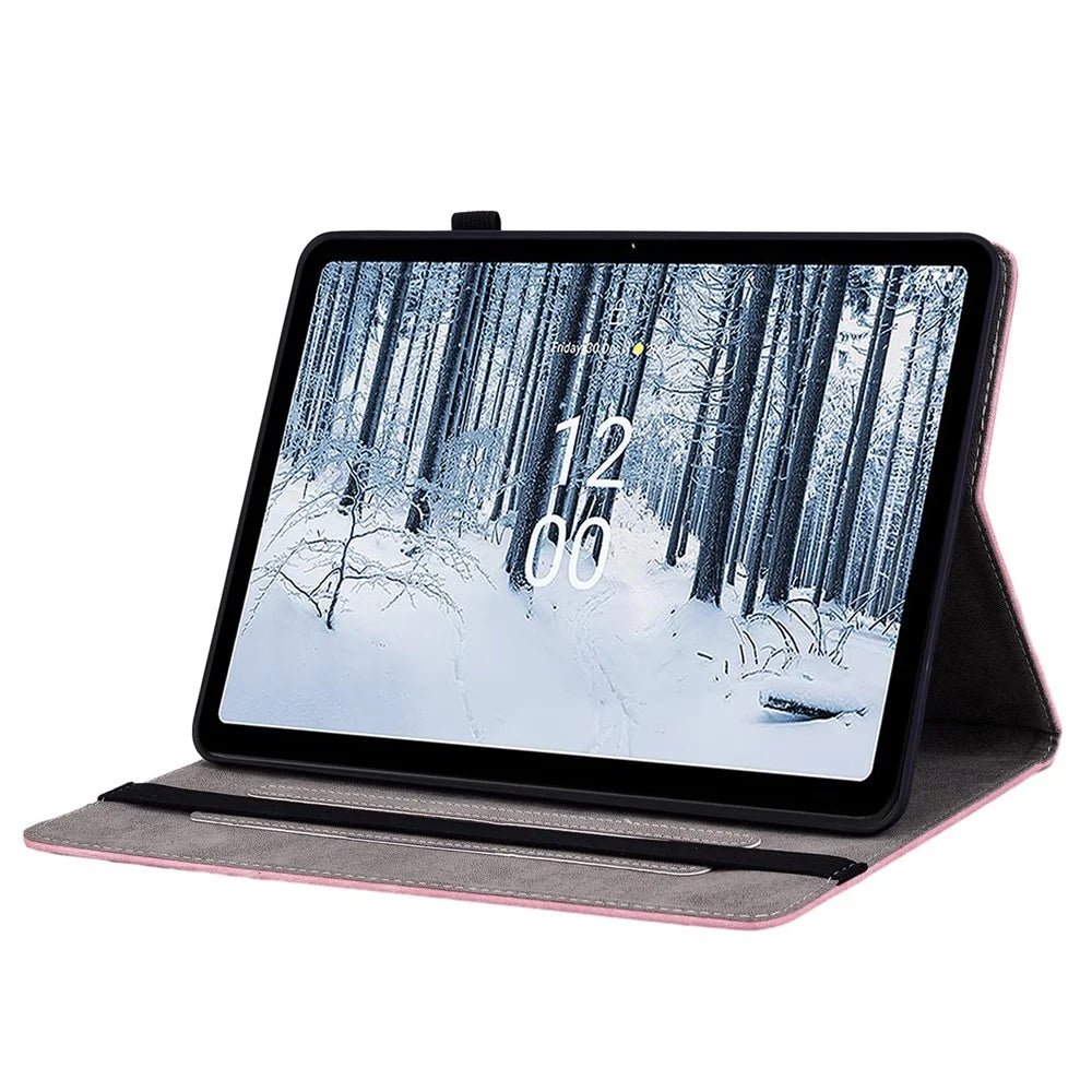 Stand Leather Tablet Cover for Nokia T21 , Card Slots Imprinted Tablet Case with Elastic Band Design - Pink - 3