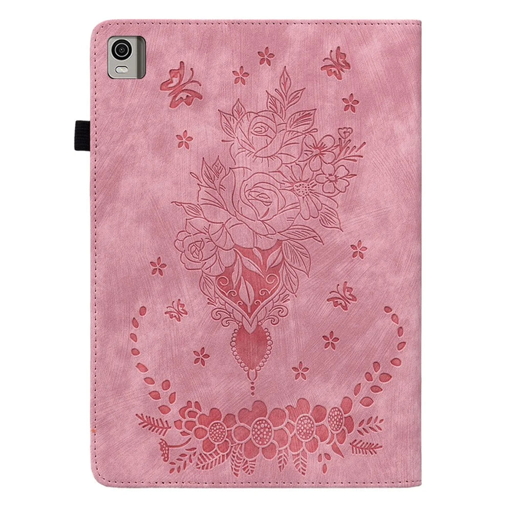 Stand Leather Tablet Cover for Nokia T21 , Card Slots Imprinted Tablet Case with Elastic Band Design - Pink - 7