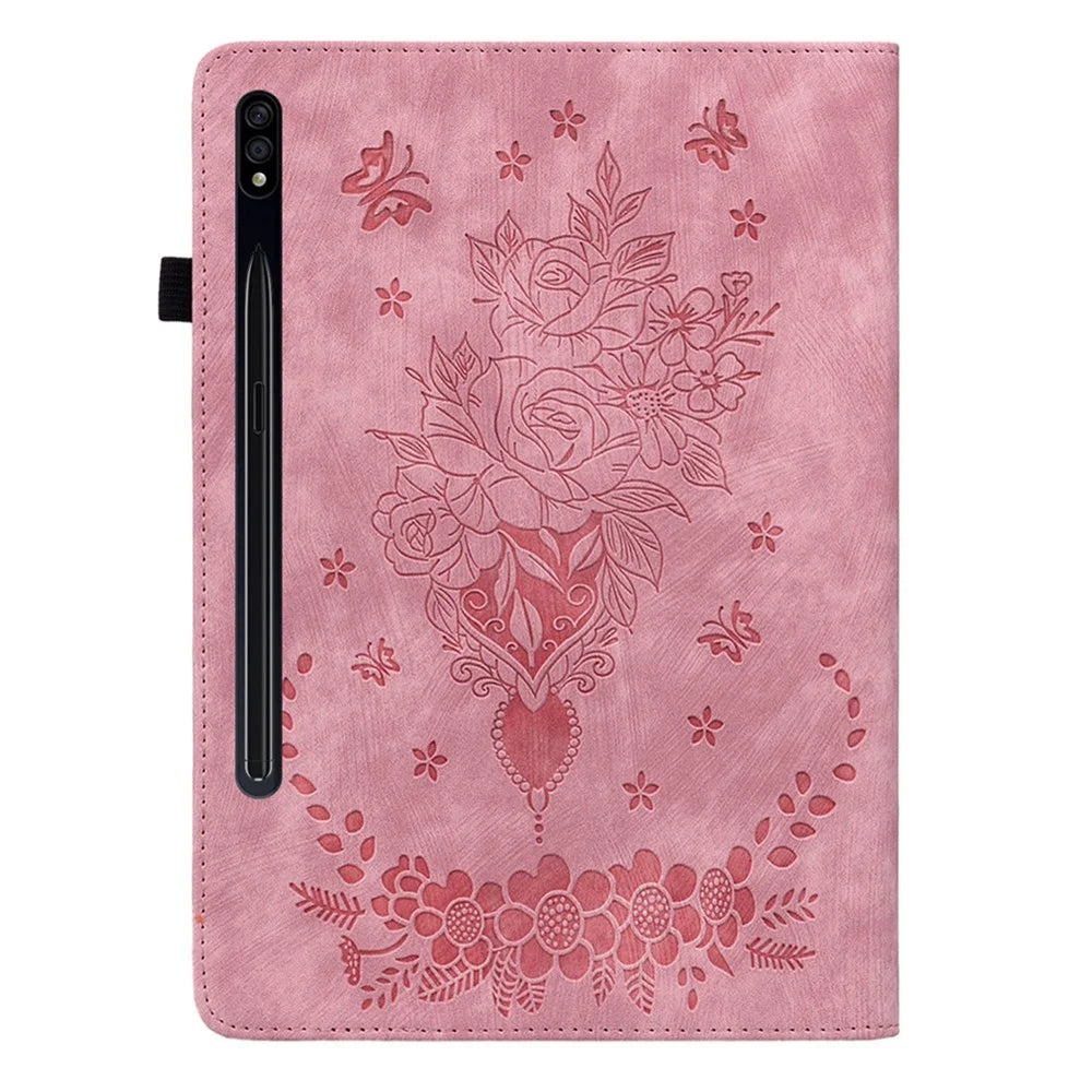 For Samsung Galaxy Tab S7+ / S7 FE / S8+ Imprinted Cover with Pen Holder PU Leather Stand Tablet Case - Pink - 7