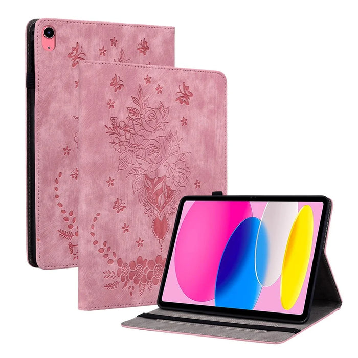 For iPad (2025) / 10.9 (2022) PU Leather Stand Case Butterfly Rose Imprinted Card Holder Tablet Cover - Pink - 1