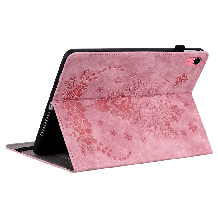 For iPad (2025) / 10.9 (2022) PU Leather Stand Case Butterfly Rose Imprinted Card Holder Tablet Cover - Pink - 4