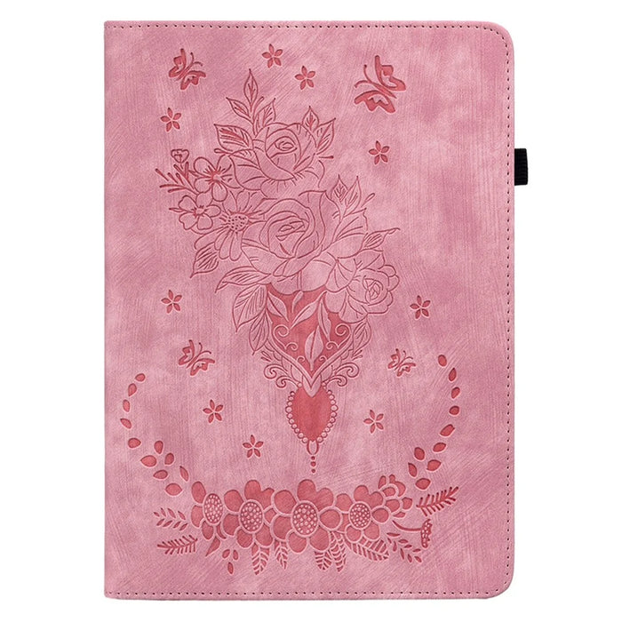 For iPad (2025) / 10.9 (2022) PU Leather Stand Case Butterfly Rose Imprinted Card Holder Tablet Cover - Pink - 7
