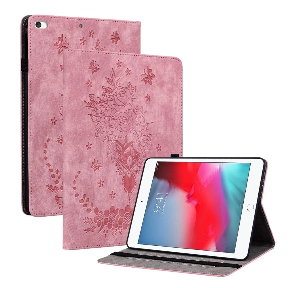 For iPad Mini / Mini 2 / mini 3 / mini 4 / mini (2019) 7.9 inch PU Leather Card Holder Stand Case Imprinted Tablet Anti-drop Cover - Pink - 1