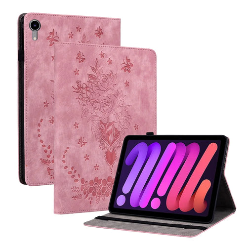 For iPad mini (2024) / mini (2021) PU Leather Card Holder Shell Butterfly Rose Imprinted Tablet Stand Case - Pink - 1