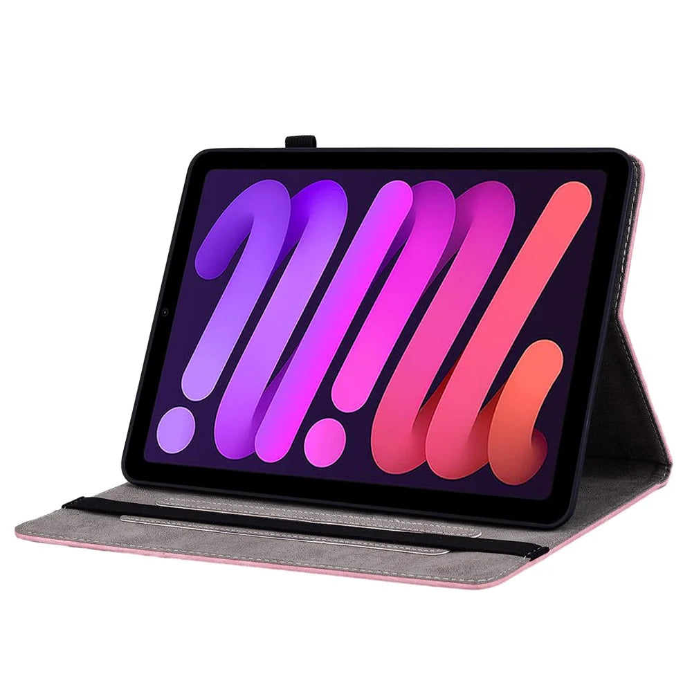 For iPad mini (2024) / mini (2021) PU Leather Card Holder Shell Butterfly Rose Imprinted Tablet Stand Case - Pink - 3