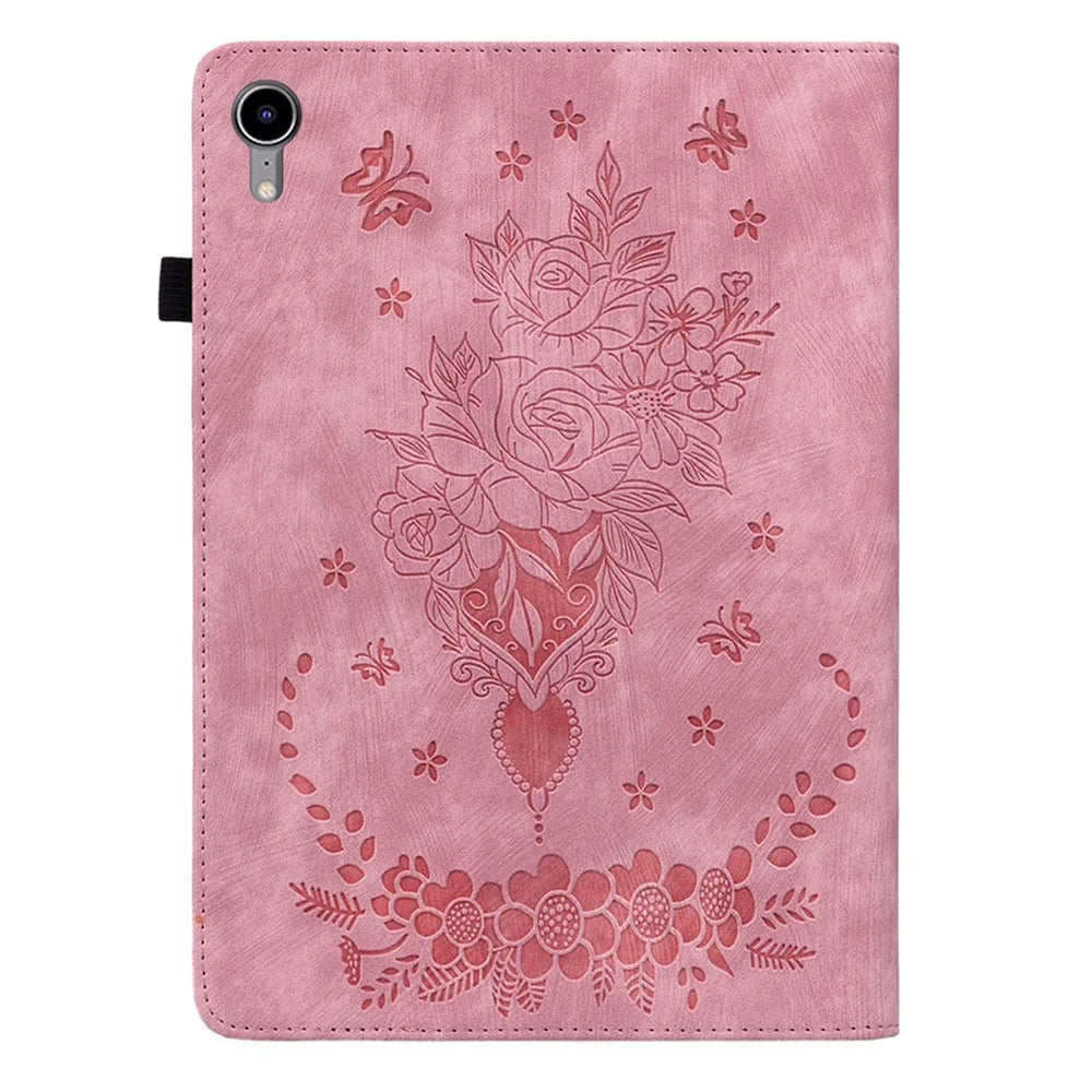 For iPad mini (2024) / mini (2021) PU Leather Card Holder Shell Butterfly Rose Imprinted Tablet Stand Case - Pink - 7