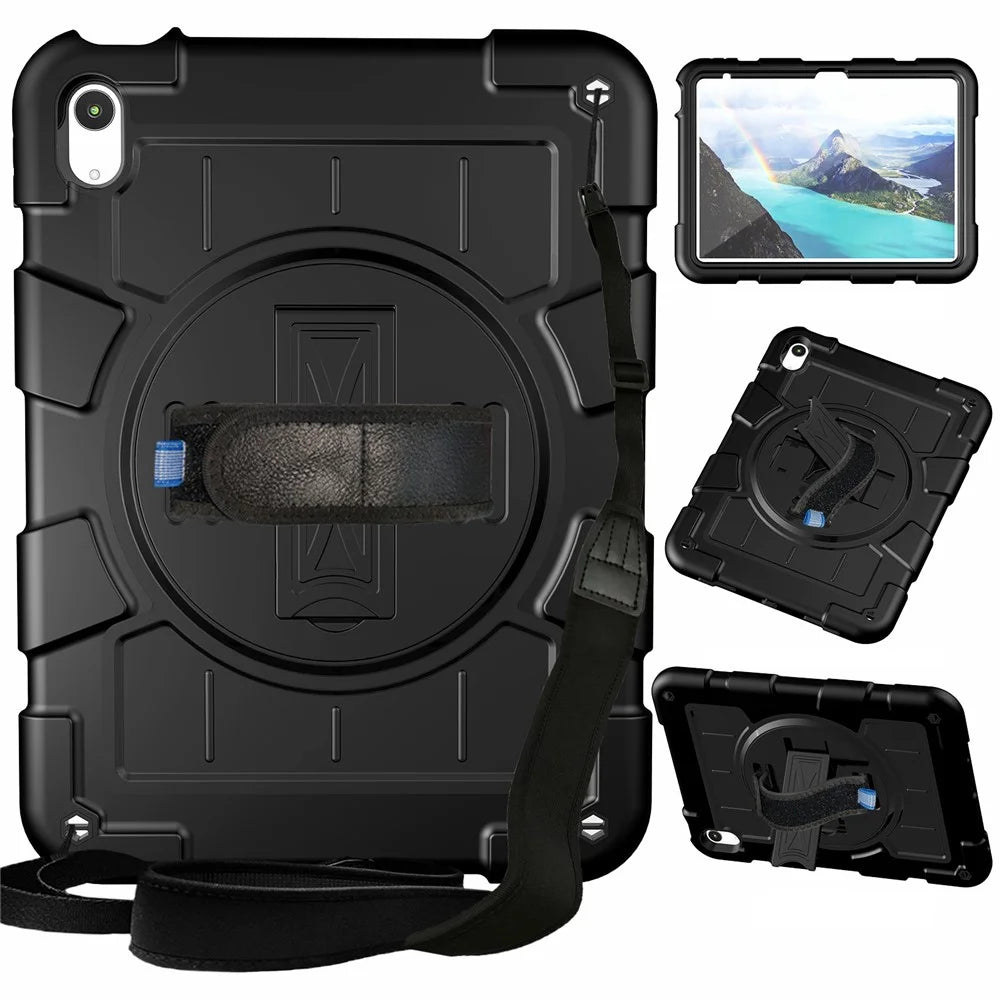 For iPad (2025) / 10.9 (2022) TPU+PC Tablet Case Rotating Hand Strap Kickstand Cover with Shoulder Strap - Black - 1