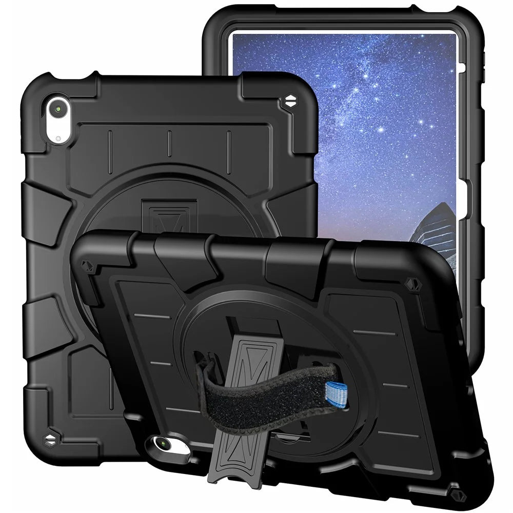 For iPad (2025) / 10.9 (2022) TPU+PC Tablet Case Rotating Hand Strap Kickstand Cover with Shoulder Strap - Black - 2