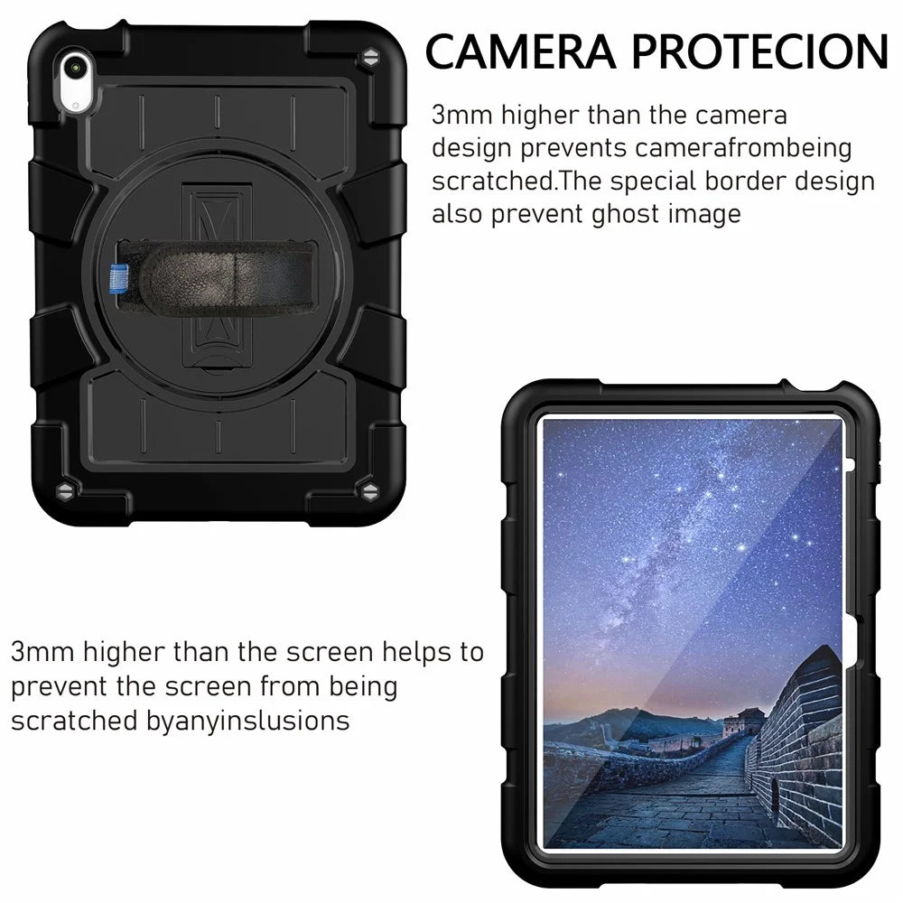 For iPad (2025) / 10.9 (2022) TPU+PC Tablet Case Rotating Hand Strap Kickstand Cover with Shoulder Strap - Black - 3