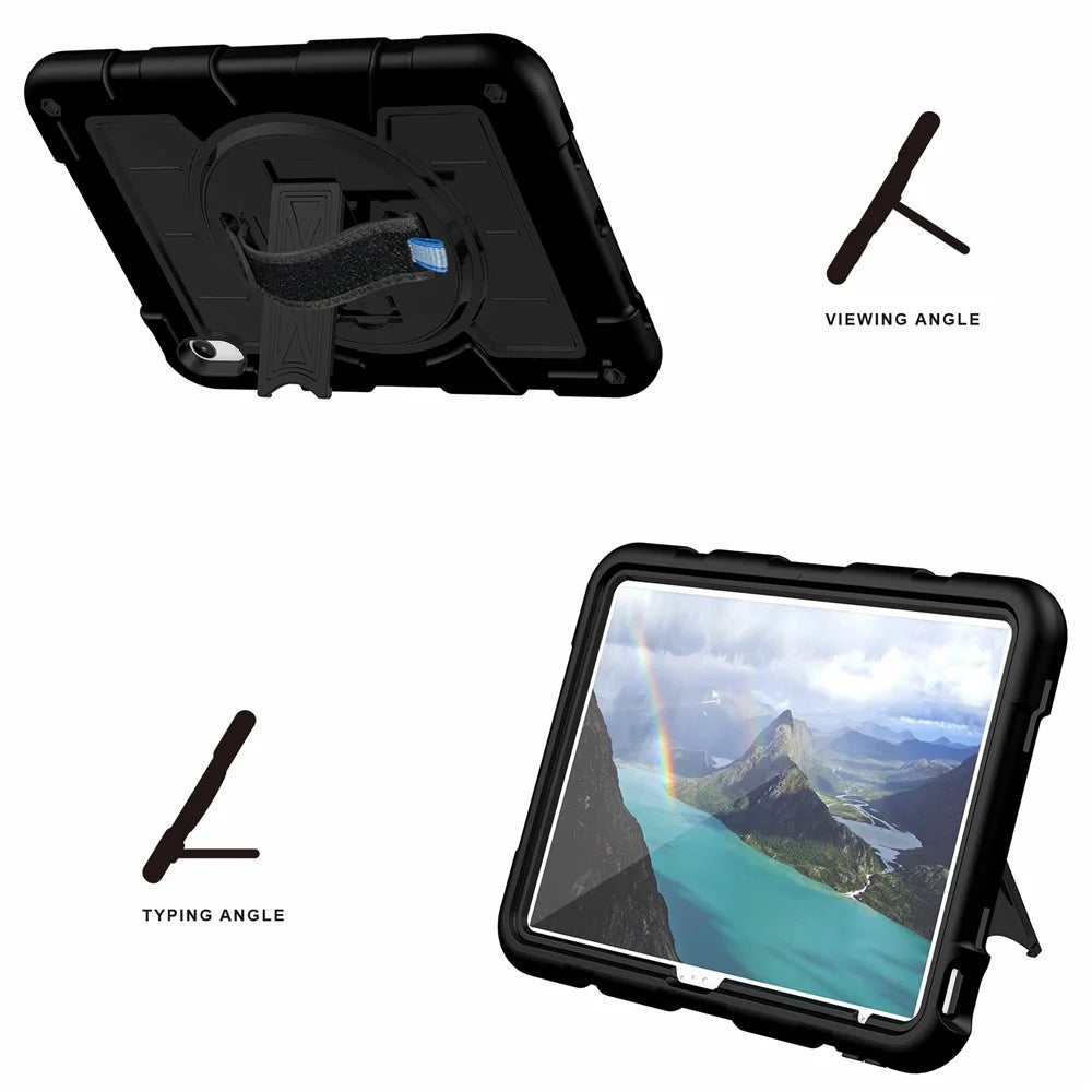 For iPad (2025) / 10.9 (2022) TPU+PC Tablet Case Rotating Hand Strap Kickstand Cover with Shoulder Strap - Black - 5