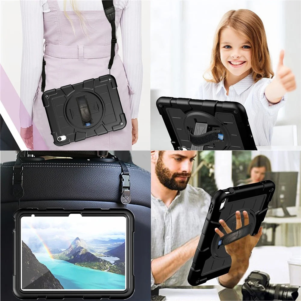 For iPad (2025) / 10.9 (2022) TPU+PC Tablet Case Rotating Hand Strap Kickstand Cover with Shoulder Strap - Black - 7