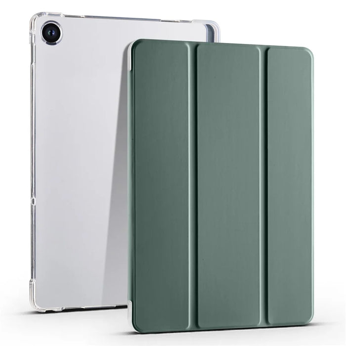 For Lenovo Tab M10 Plus (3rd Gen) Tri-Fold Stand Tablet Case Transparent Back PU Leather Flip Cover with Pencil Holder - Midnight Green - 1