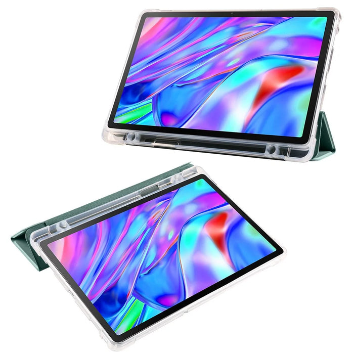 For Lenovo Tab M10 Plus (3rd Gen) Tri-Fold Stand Tablet Case Transparent Back PU Leather Flip Cover with Pencil Holder - Midnight Green - 2