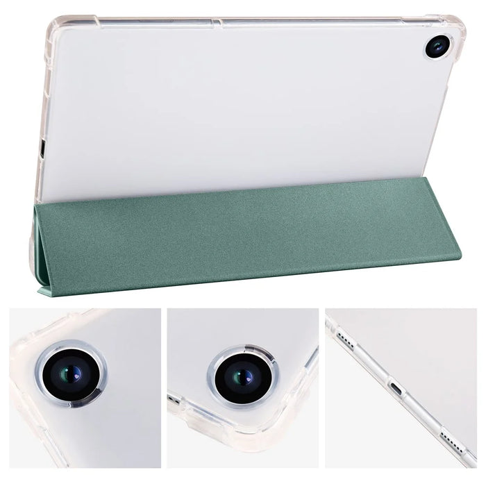 For Lenovo Tab M10 Plus (3rd Gen) Tri-Fold Stand Tablet Case Transparent Back PU Leather Flip Cover with Pencil Holder - Midnight Green - 3
