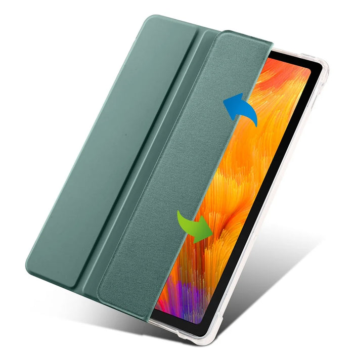 For Lenovo Tab M10 Plus (3rd Gen) Tri-Fold Stand Tablet Case Transparent Back PU Leather Flip Cover with Pencil Holder - Midnight Green - 6