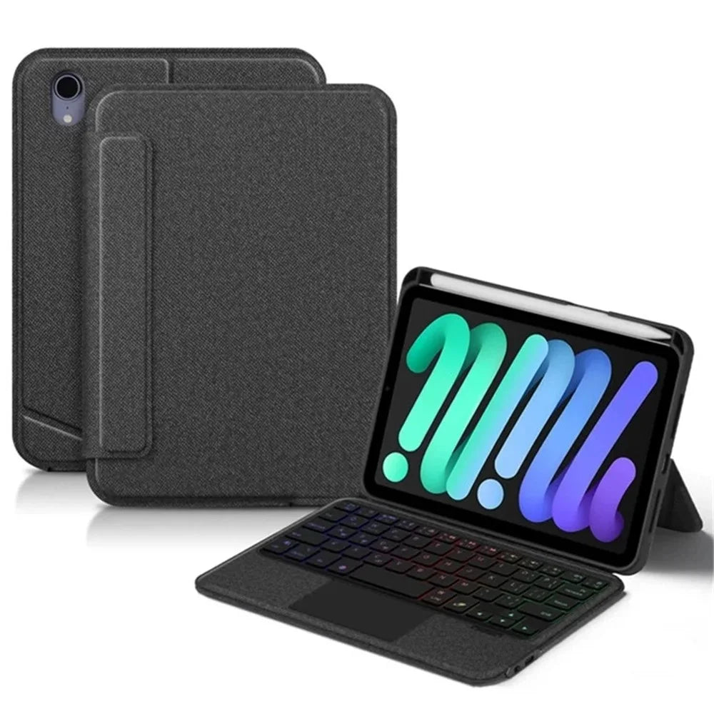 For iPad mini (2021) Leather Case + Bluetooth-compatible Keyboard with Backlight Trackpad - Black - 1
