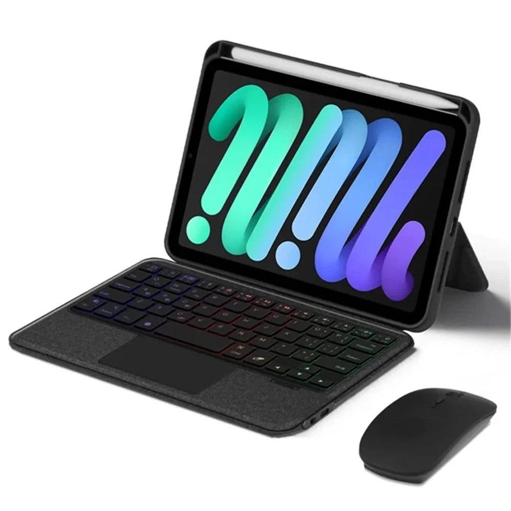 For iPad mini (2021) Leather Case + Bluetooth-compatible Keyboard with Backlight Trackpad - Black - 2