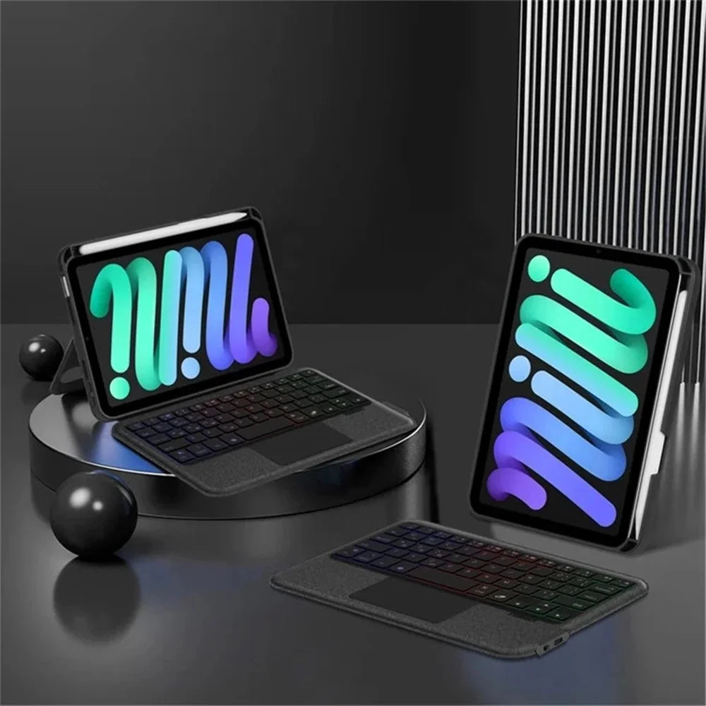 For iPad mini (2021) Leather Case + Bluetooth-compatible Keyboard with Backlight Trackpad - Black - 6