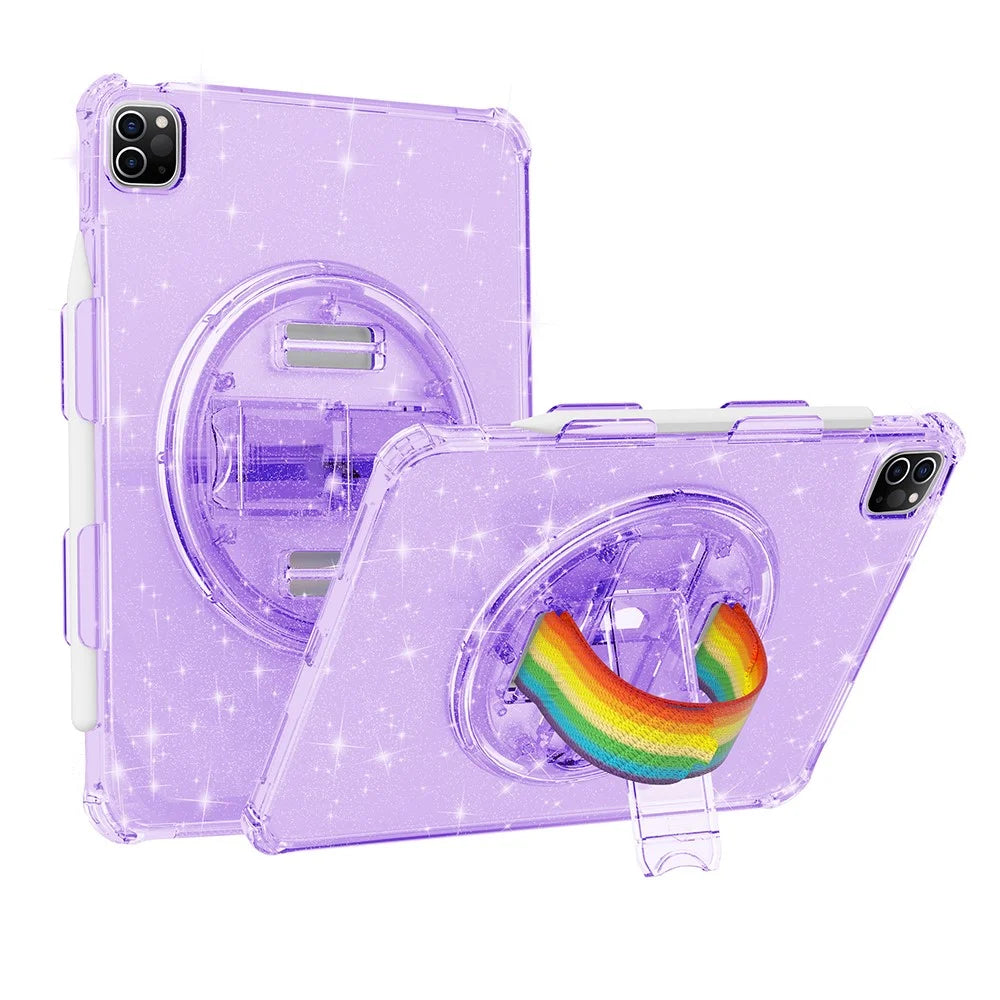 For iPad Pro 11 (2018) / (2020) / (2021) / (2022) TPU+PC Tablet Case Rotary Hand Strap Kickstand Tablet Cover - Glitter Purple - 1