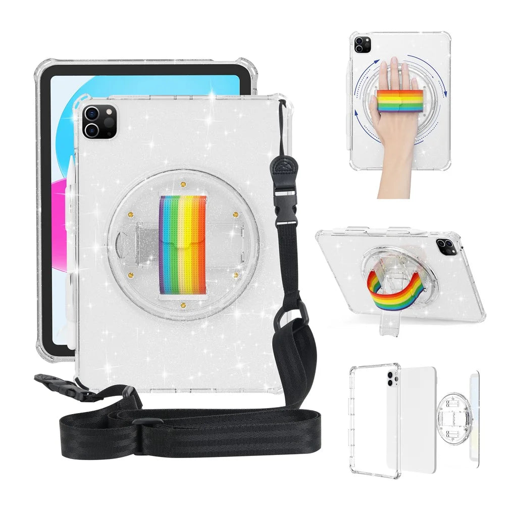 For iPad Pro 11 (2018) / (2020) / (2021) / (2022) Kickstand Tablet Case Rotary Hand Strap TPU+PC Cover with Shoulder Strap - Glitter White - 2