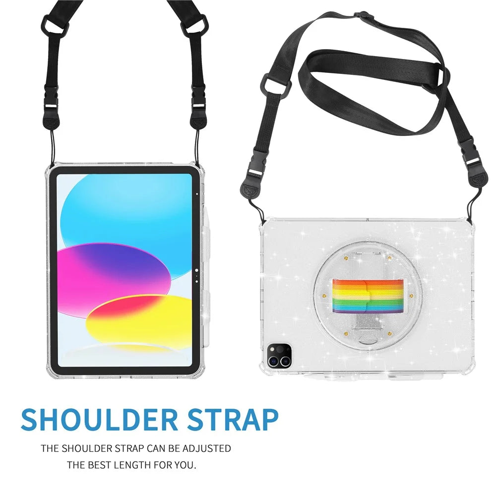 For iPad Pro 11 (2018) / (2020) / (2021) / (2022) Kickstand Tablet Case Rotary Hand Strap TPU+PC Cover with Shoulder Strap - Glitter White - 3