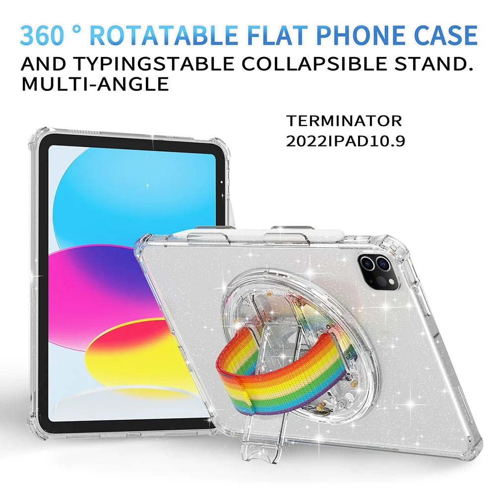 For iPad Pro 11 (2018) / (2020) / (2021) / (2022) Kickstand Tablet Case Rotary Hand Strap TPU+PC Cover with Shoulder Strap - Glitter White - 6
