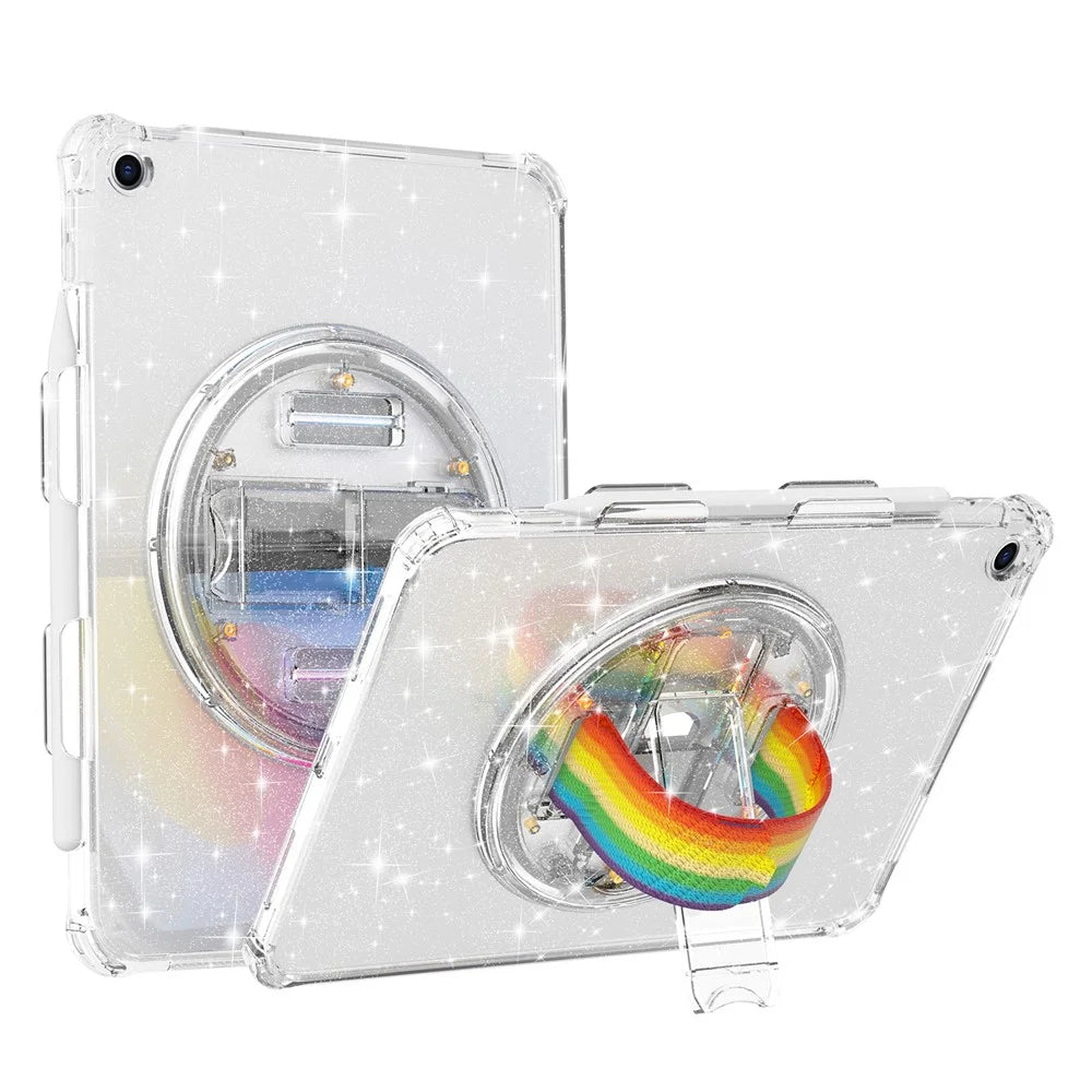 Kickstand Tablet Case for iPad 10.2 (2021) / (2020) / (2019) ,  Rotary Hand Strap TPU+PC Tablet Cover - Glitter White - 1