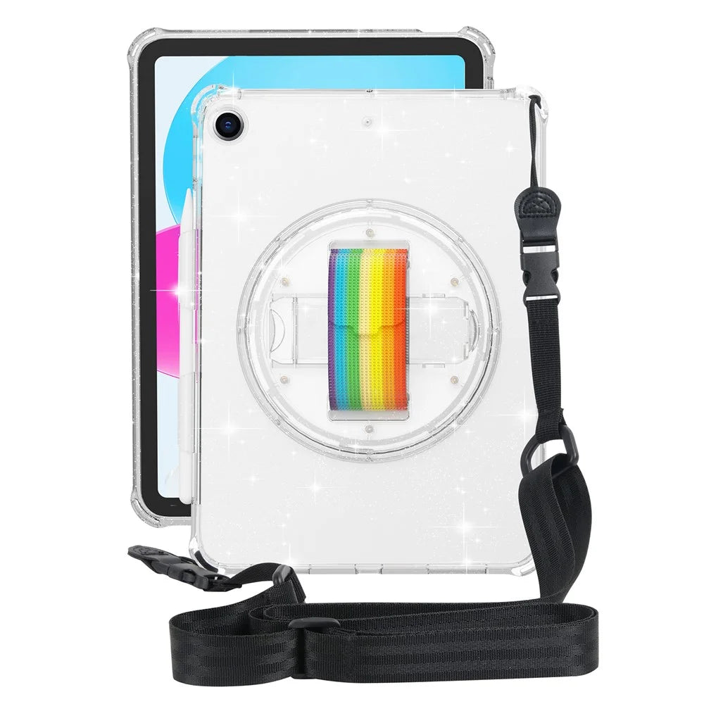 For iPad 10.2 (2021) / (2020) / (2019) Rotary Hand Strap Kickstand Tablet Case TPU+PC Tablet Cover with Shoulder Strap - Glitter White - 2