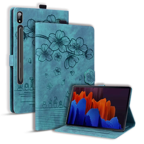 For Samsung Galaxy Tab S9 Ultra / S8 Ultra Card Slots Leather Tablet Case Stand Imprinted Flower Cat Tablet Cover - Green - 1