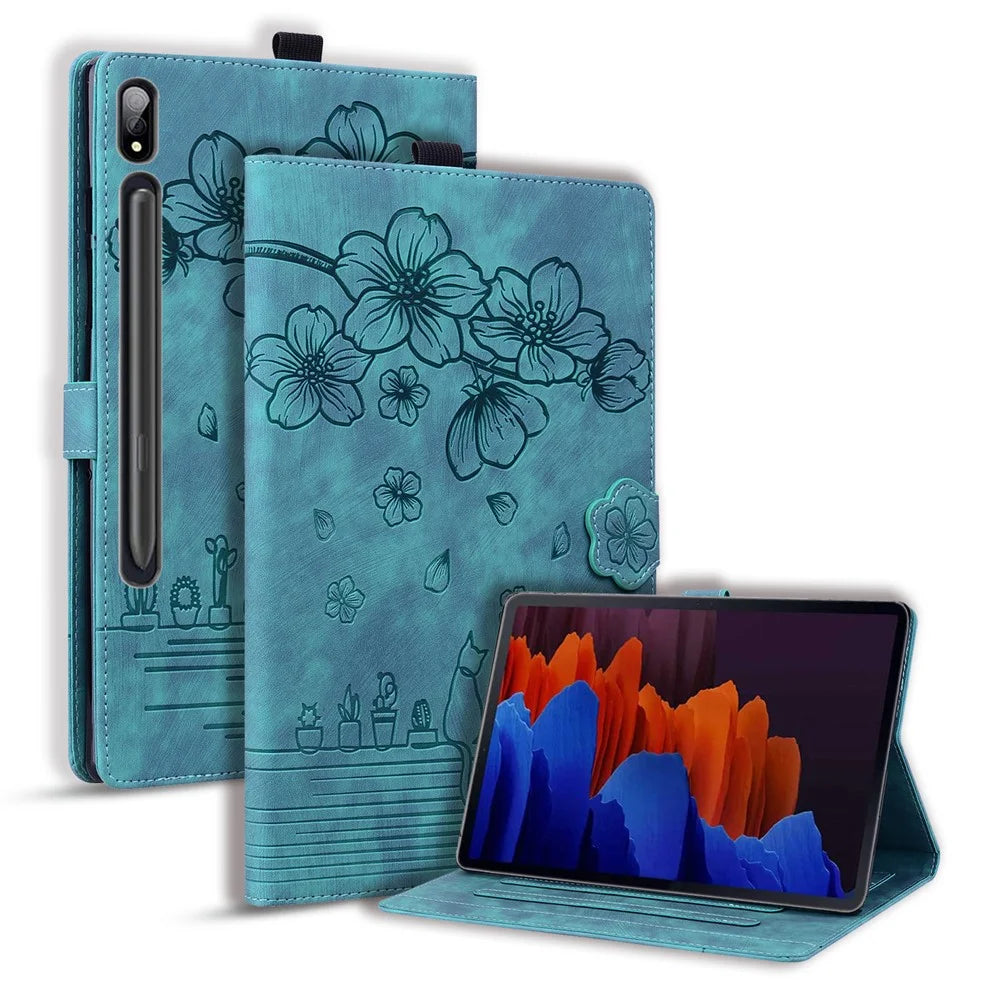 For Samsung Galaxy Tab S9 Ultra / S8 Ultra Card Slots Leather Tablet Case Stand Imprinted Flower Cat Tablet Cover - Green - 1