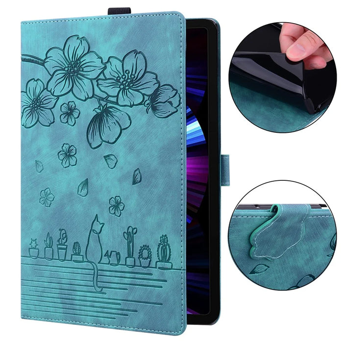 For Samsung Galaxy Tab S9 Ultra / S8 Ultra Card Slots Leather Tablet Case Stand Imprinted Flower Cat Tablet Cover - Green - 4