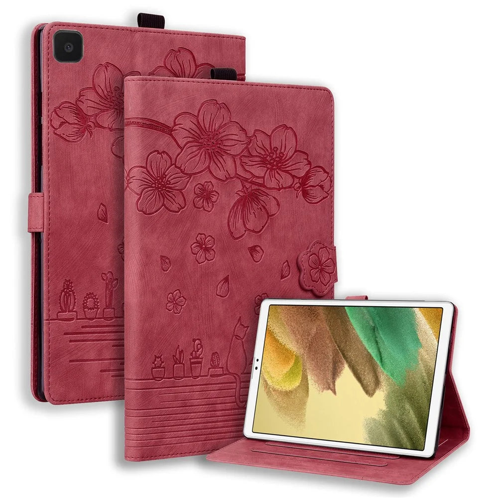 Stand Tablet Case for Samsung Galaxy Tab A7 Lite 8.7-inch PU Leather Imprinted Flower Cat Cover with Card Slots - Wine Red - 1