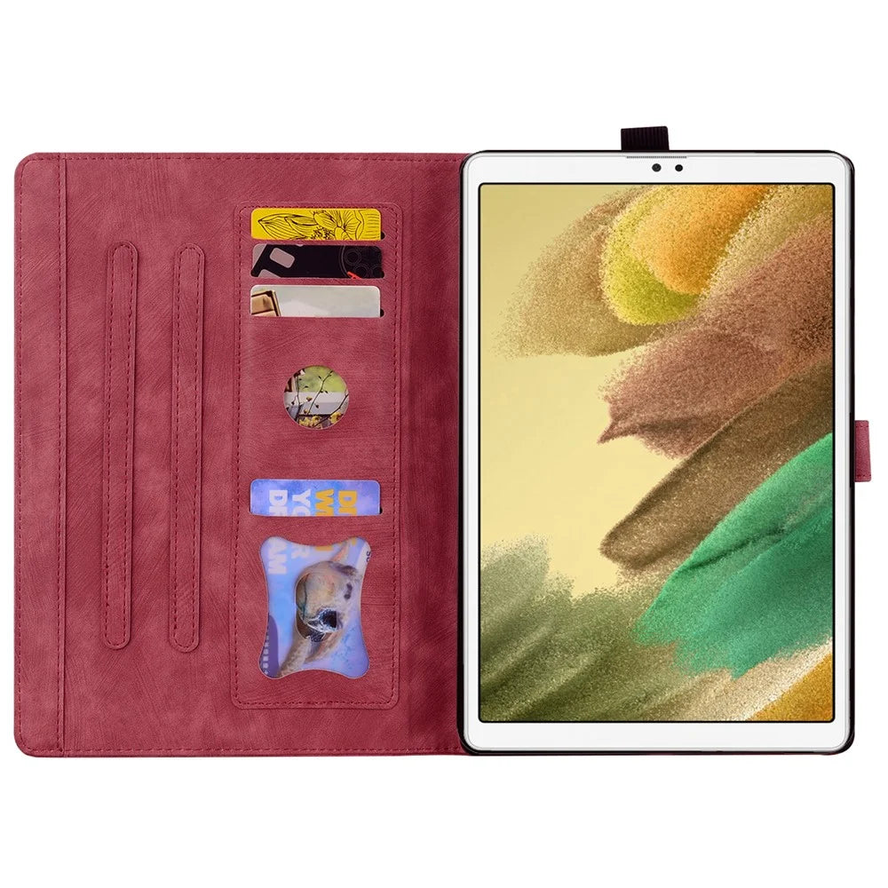 Stand Tablet Case for Samsung Galaxy Tab A7 Lite 8.7-inch PU Leather Imprinted Flower Cat Cover with Card Slots - Wine Red - 2