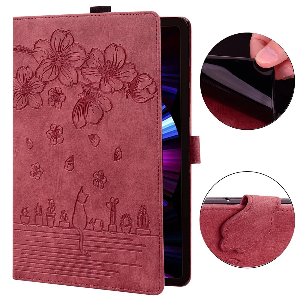 Stand Tablet Case for Samsung Galaxy Tab A7 Lite 8.7-inch PU Leather Imprinted Flower Cat Cover with Card Slots - Wine Red - 4