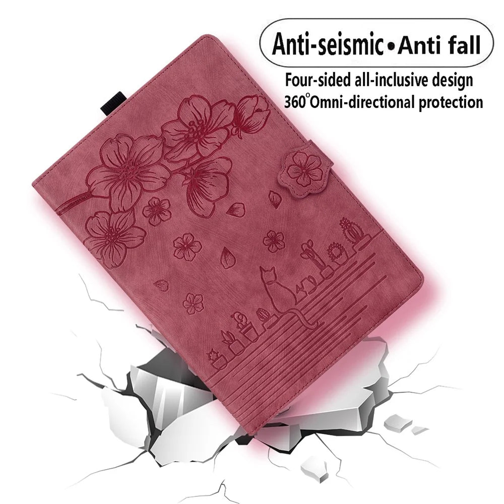 Stand Tablet Case for Samsung Galaxy Tab A7 Lite 8.7-inch PU Leather Imprinted Flower Cat Cover with Card Slots - Wine Red - 6