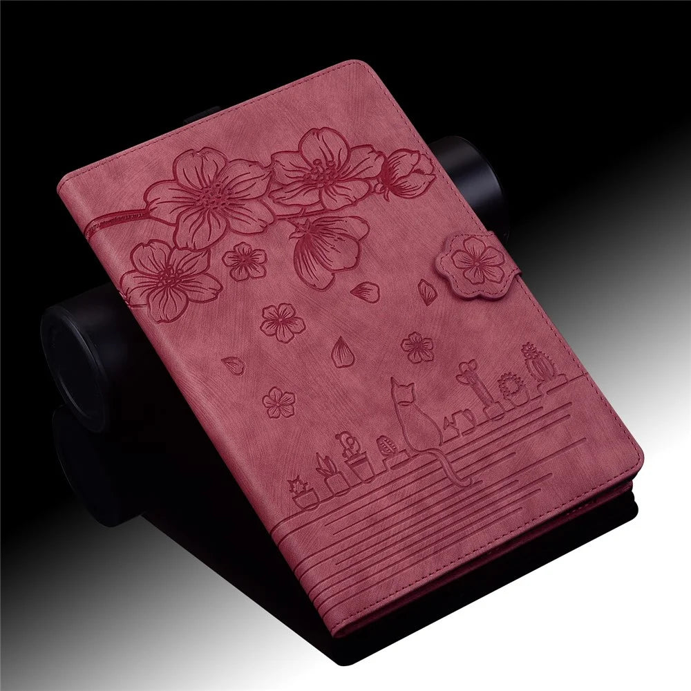 Stand Tablet Case for Samsung Galaxy Tab A7 Lite 8.7-inch PU Leather Imprinted Flower Cat Cover with Card Slots - Wine Red - 7