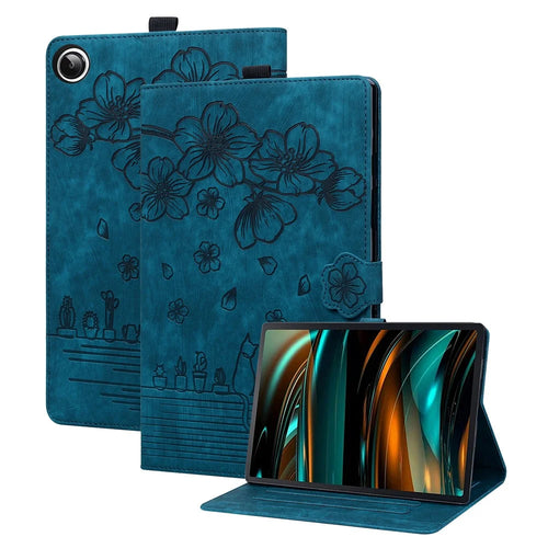 For Samsung Galaxy Tab A8 10.5 (2021) / (2022) Card Holder Tablet Leather Case Imprinted Flower Cat Stand Tablet Cover - Sapphire - 1