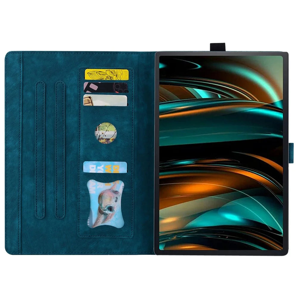 For Samsung Galaxy Tab A8 10.5 (2021) / (2022) Card Holder Tablet Leather Case Imprinted Flower Cat Stand Tablet Cover - Sapphire - 2