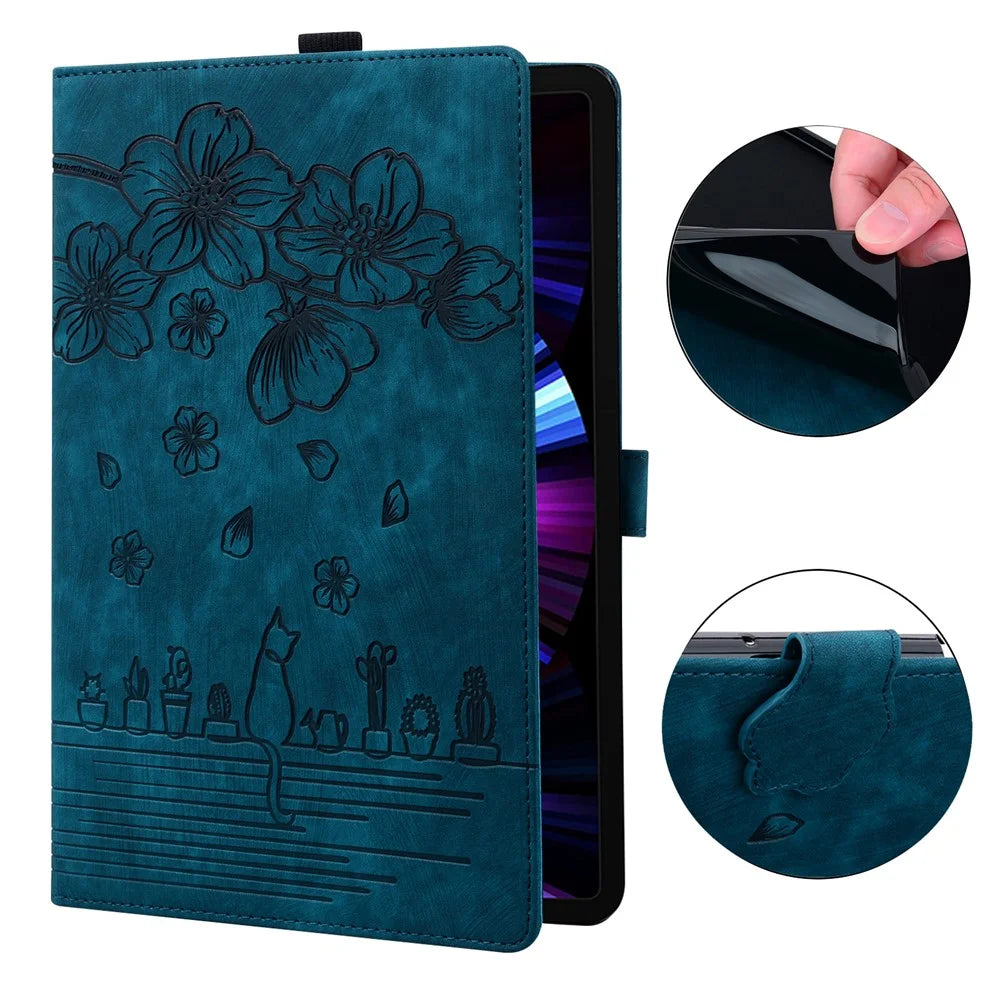 For Samsung Galaxy Tab A8 10.5 (2021) / (2022) Card Holder Tablet Leather Case Imprinted Flower Cat Stand Tablet Cover - Sapphire - 4
