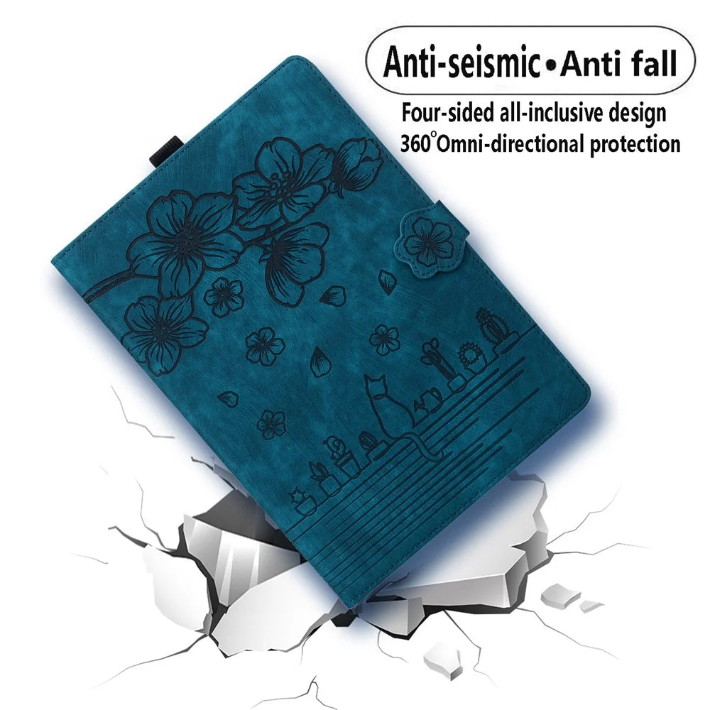 For Samsung Galaxy Tab A8 10.5 (2021) / (2022) Card Holder Tablet Leather Case Imprinted Flower Cat Stand Tablet Cover - Sapphire - 6