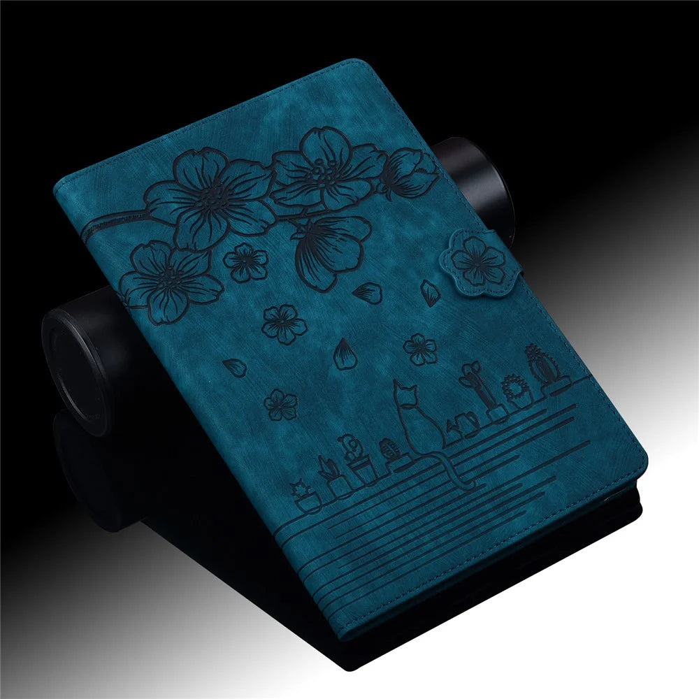 For Samsung Galaxy Tab A8 10.5 (2021) / (2022) Card Holder Tablet Leather Case Imprinted Flower Cat Stand Tablet Cover - Sapphire - 7