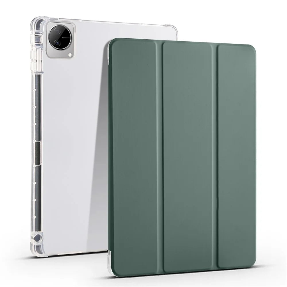 For vivo Pad Tri-Fold Stand PU Leather Case Transparent Back Protective Tablet Cover with Pencil Holder - Midnight Green - 1