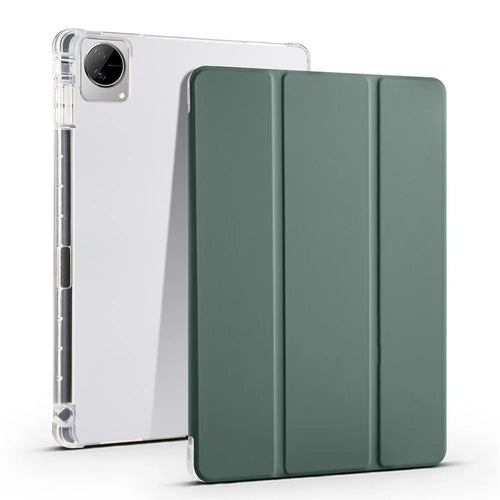 For vivo Pad Tri-Fold Stand PU Leather Case Transparent Back Protective Tablet Cover with Pencil Holder - Midnight Green - 1