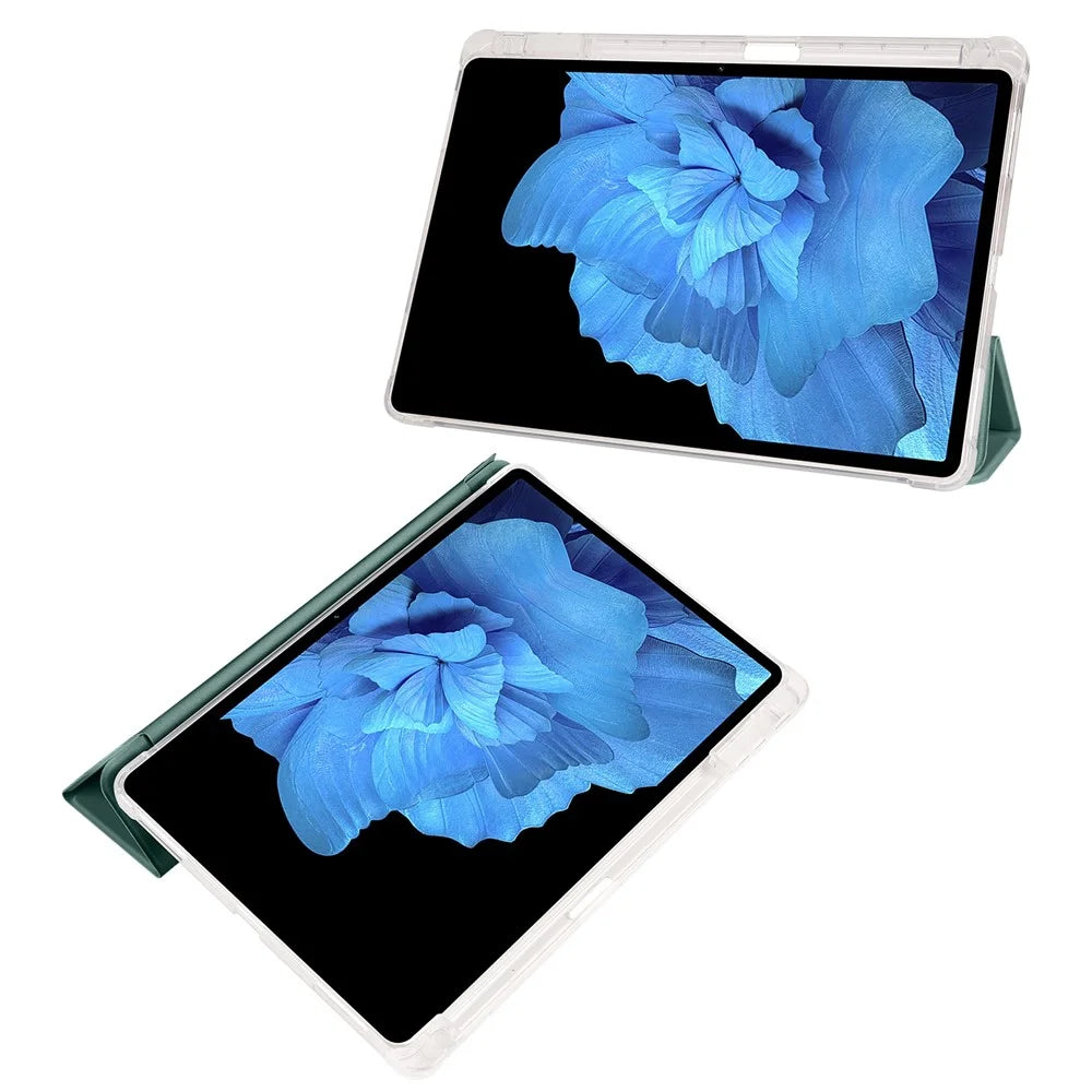 For vivo Pad Tri-Fold Stand PU Leather Case Transparent Back Protective Tablet Cover with Pencil Holder - Midnight Green - 2