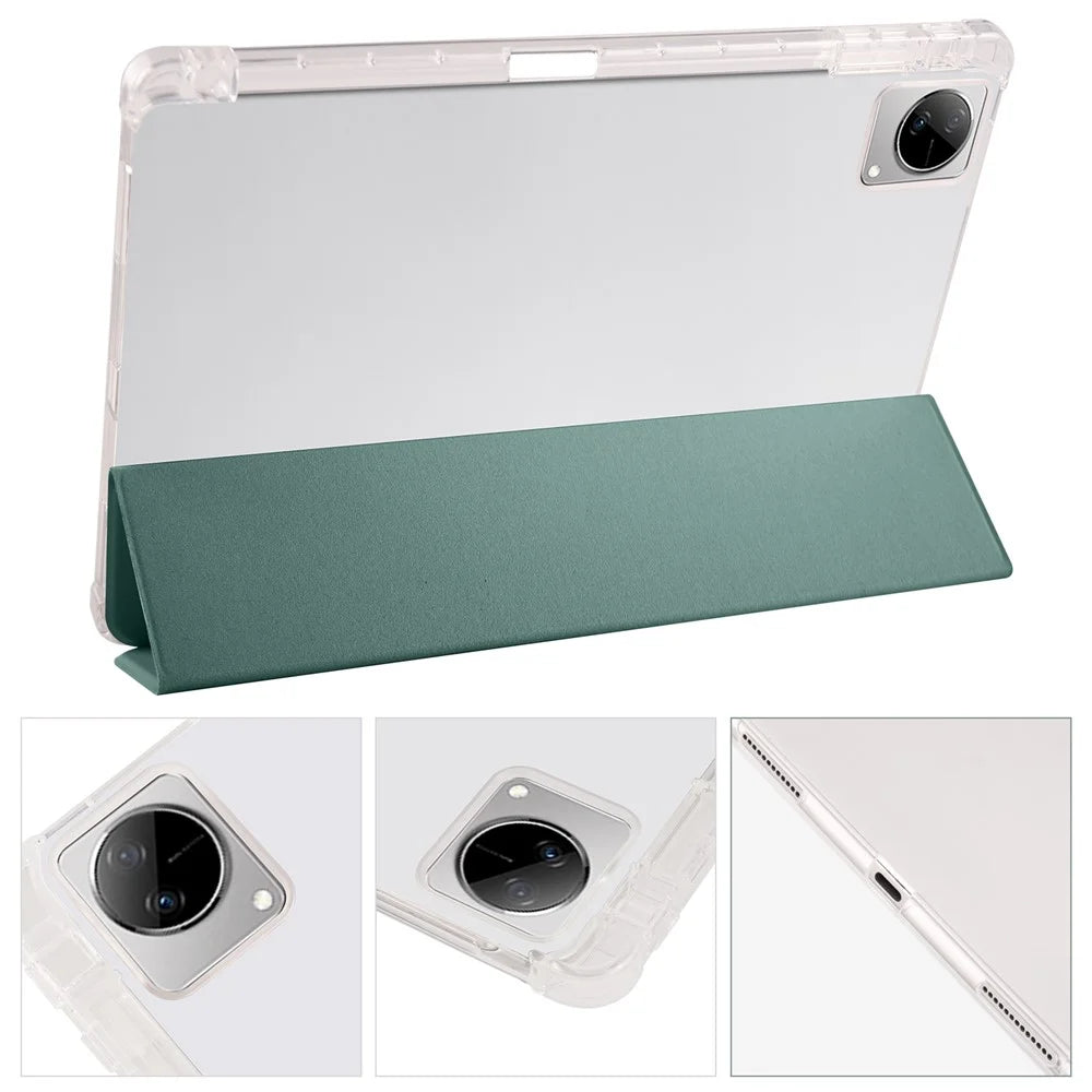 For vivo Pad Tri-Fold Stand PU Leather Case Transparent Back Protective Tablet Cover with Pencil Holder - Midnight Green - 3