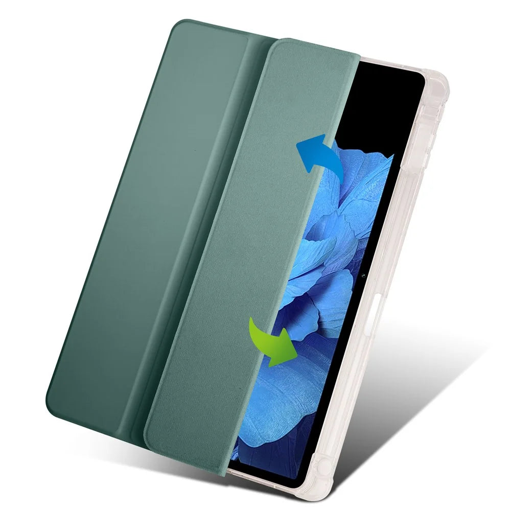 For vivo Pad Tri-Fold Stand PU Leather Case Transparent Back Protective Tablet Cover with Pencil Holder - Midnight Green - 5