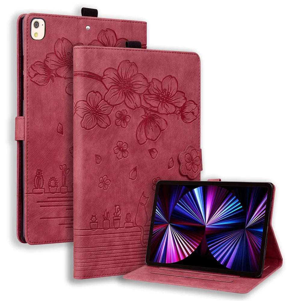 For iPad 10.2 (2021) / (2019) / (2020) / iPad Air 10.5 inch (2019) / iPad Pro 10.5-inch (2017) Leather Cover Flower Cat Imprinted Tablet Case - Wine Red - 1