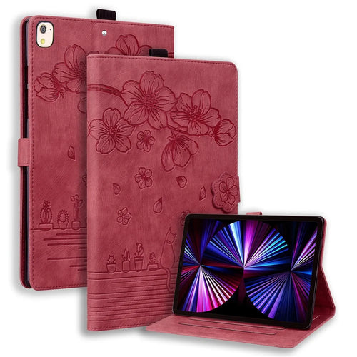For iPad 10.2 (2021) / (2019) / (2020) / iPad Air 10.5 inch (2019) / iPad Pro 10.5-inch (2017) Leather Cover Flower Cat Imprinted Tablet Case - Wine Red - 1