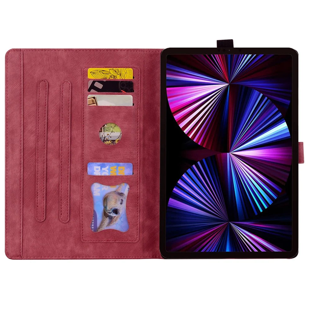 For iPad 10.2 (2021) / (2019) / (2020) / iPad Air 10.5 inch (2019) / iPad Pro 10.5-inch (2017) Leather Cover Flower Cat Imprinted Tablet Case - Wine Red - 2